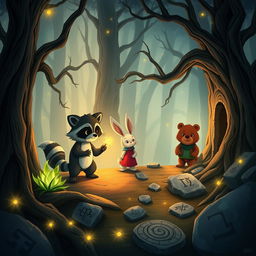 An enchanting illustration capturing the adventures of three anthropomorphic animal friends, Mak the clever raccoon, Lila the curious rabbit, and Benny the brave bear, as they embark on 'The Mystery of the Forest