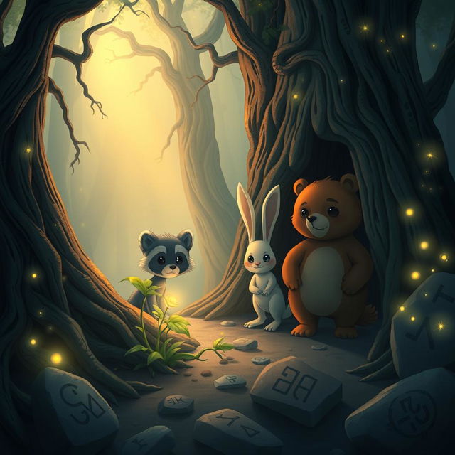 An enchanting illustration capturing the adventures of three anthropomorphic animal friends, Mak the clever raccoon, Lila the curious rabbit, and Benny the brave bear, as they embark on 'The Mystery of the Forest