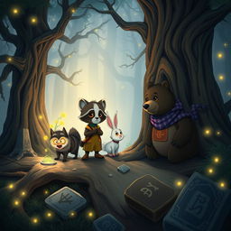 An enchanting illustration capturing the adventures of three anthropomorphic animal friends, Mak the clever raccoon, Lila the curious rabbit, and Benny the brave bear, as they embark on 'The Mystery of the Forest