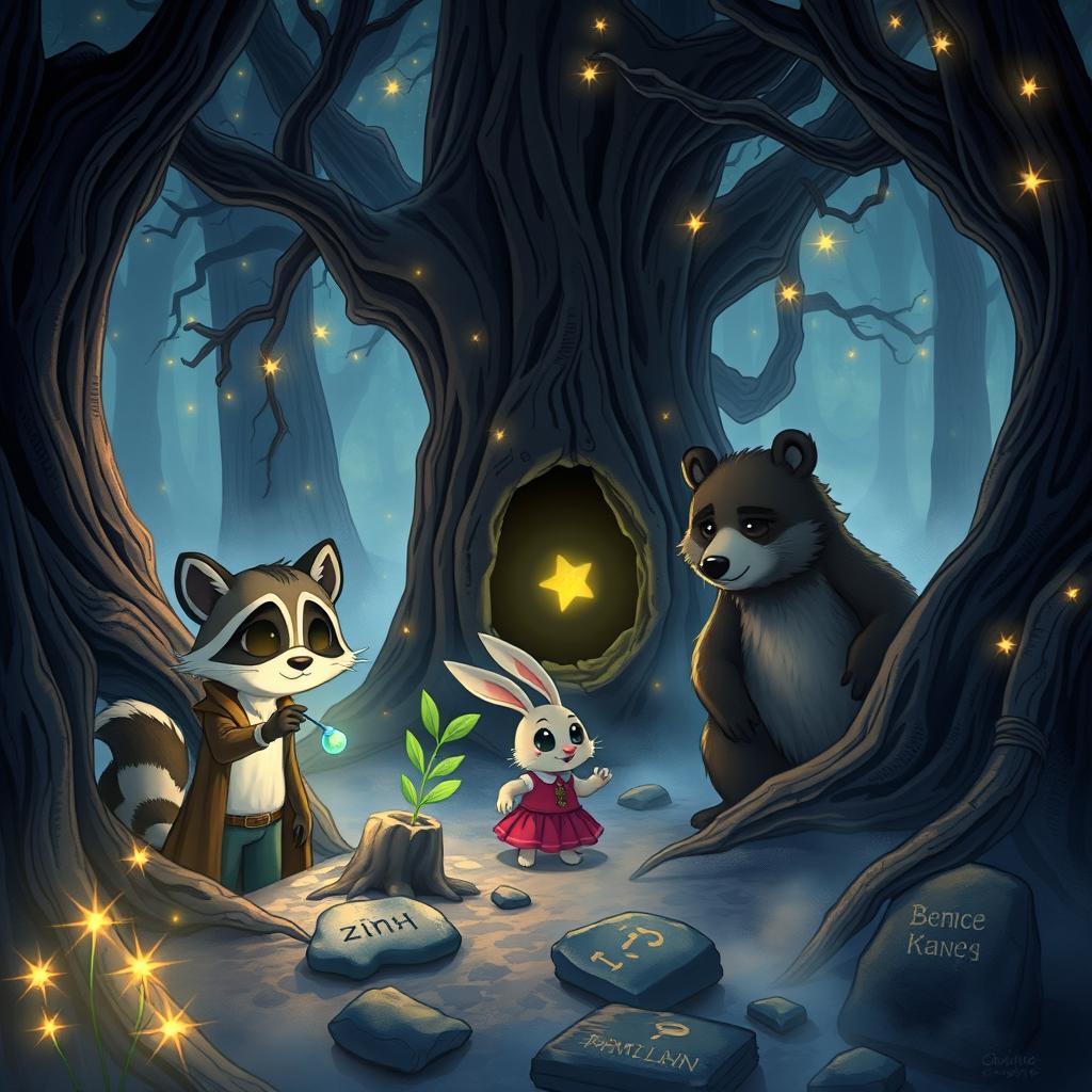 An enchanting illustration capturing the adventures of three anthropomorphic animal friends, Mak the clever raccoon, Lila the curious rabbit, and Benny the brave bear, as they embark on 'The Mystery of the Forest