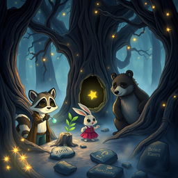 An enchanting illustration capturing the adventures of three anthropomorphic animal friends, Mak the clever raccoon, Lila the curious rabbit, and Benny the brave bear, as they embark on 'The Mystery of the Forest