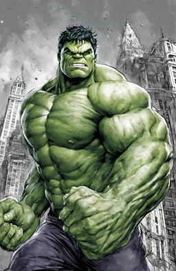 A high-quality coloring page featuring the Marvel character, Hulk, in a dynamic pose