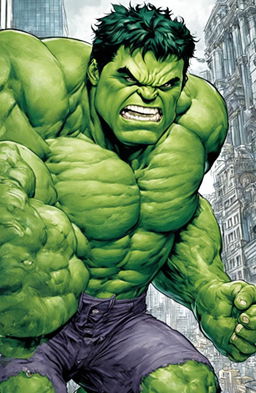 A high-quality coloring page featuring the Marvel character, Hulk, in a dynamic pose