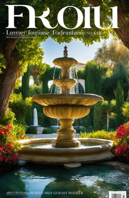 An ultra-wide angle, high-quality digital photograph designed as a garden magazine cover, showcasing a lush Mediterranean botanical garden in spring bloom, featuring a serene water fountain, fruiting orange trees, and a breathtaking sky bathed in warm light