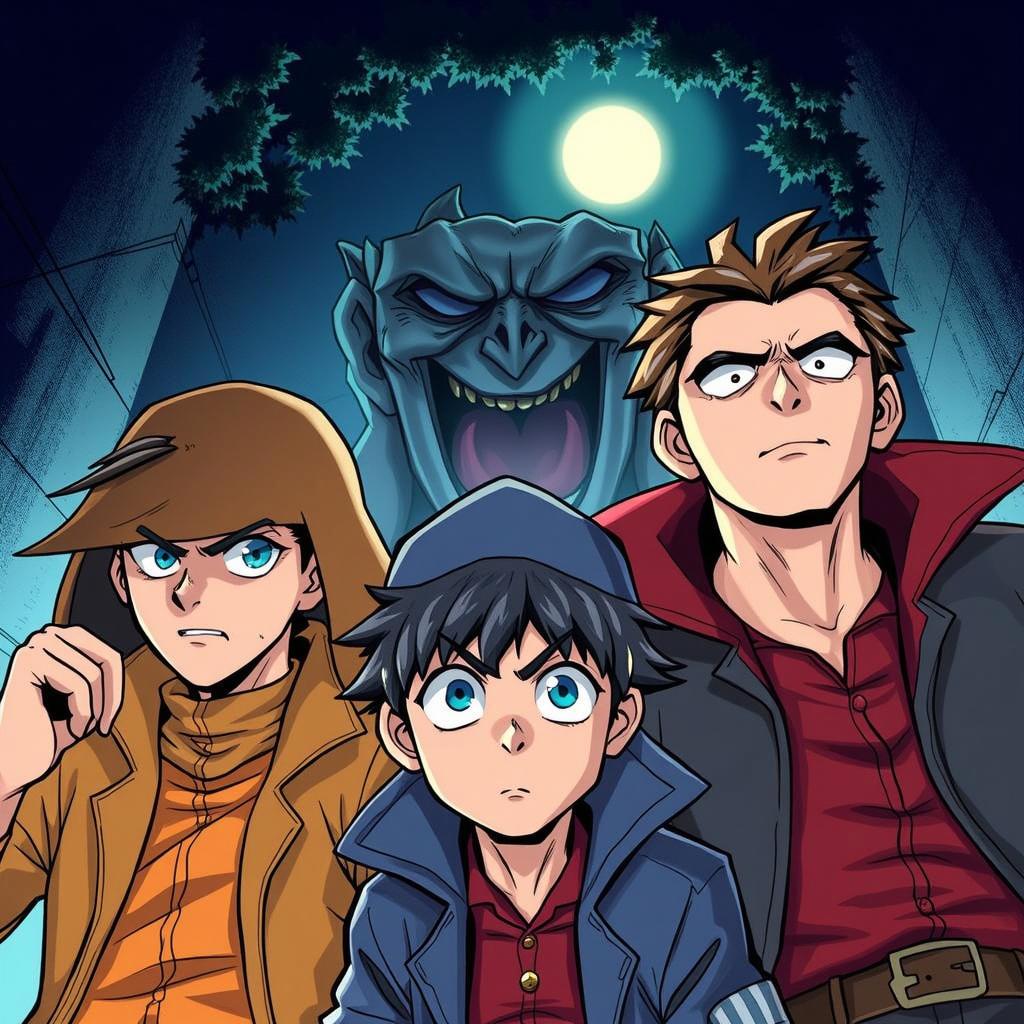 A vibrant, colorful anime-style illustration featuring three adventurous characters: a young boy with dark hair wearing a blue jacket, his friend with short brown hair in a tan hat, and a confident character with spiky hair in a red shirt