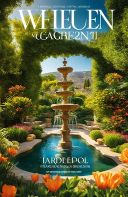 An ultra-wide angle, high-quality digital photograph designed as a garden magazine cover, showcasing a lush Mediterranean botanical garden in spring bloom, featuring a serene water fountain, fruiting orange trees, and a breathtaking sky bathed in warm light