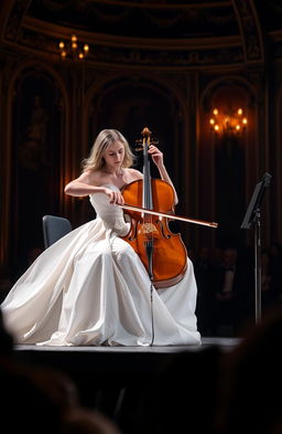 A stunning scene of Olivia DeJonge performing passionately on the cello, dressed in an elegant, flowing white gown