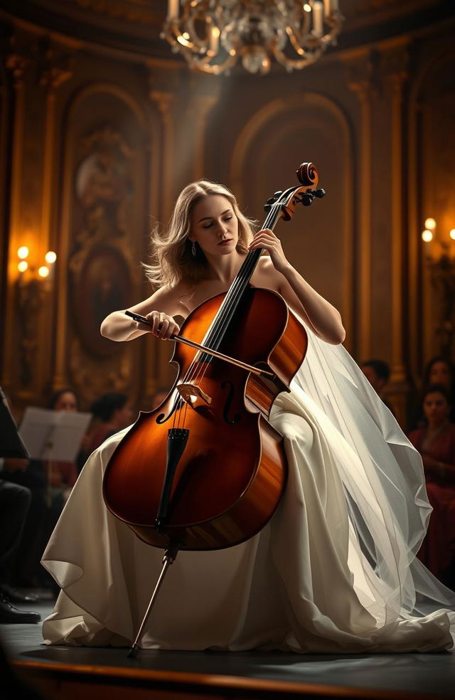 A stunning scene of Olivia DeJonge performing passionately on the cello, dressed in an elegant, flowing white gown