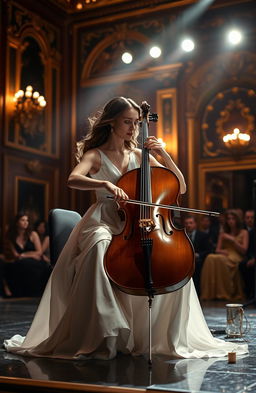 A stunning scene of Olivia DeJonge performing passionately on the cello, dressed in an elegant, flowing white gown