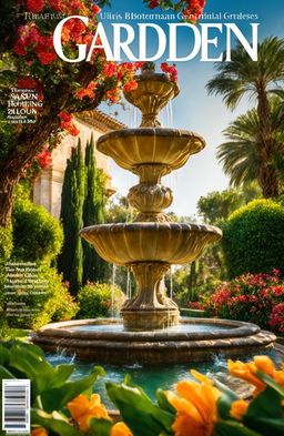 An ultra-wide angle, high-quality digital photograph designed as a garden magazine cover, showcasing a lush Mediterranean botanical garden in spring bloom, featuring a serene water fountain, fruiting orange trees, and a breathtaking sky bathed in warm light