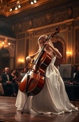 A stunning scene of Olivia DeJonge performing passionately on the cello, dressed in an elegant, flowing white gown
