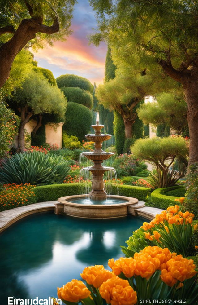 An ultra-wide angle, high-quality digital photograph designed as a garden magazine cover, showcasing a lush Mediterranean botanical garden in spring bloom, featuring a serene water fountain, fruiting orange trees, and a breathtaking sky bathed in warm light