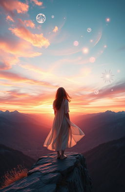 A serene and enchanting scene depicting a person standing at the edge of a cliff, overlooking a breathtaking valley at sunset