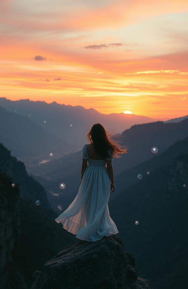 A serene and enchanting scene depicting a person standing at the edge of a cliff, overlooking a breathtaking valley at sunset