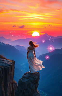 A serene and enchanting scene depicting a person standing at the edge of a cliff, overlooking a breathtaking valley at sunset