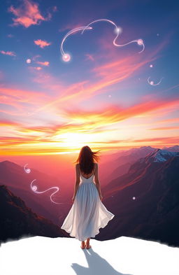 A serene and enchanting scene depicting a person standing at the edge of a cliff, overlooking a breathtaking valley at sunset