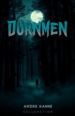 A captivating book cover design featuring a mysterious, dimly lit forest with towering trees casting long shadows