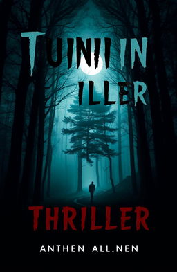 A captivating book cover design featuring a mysterious, dimly lit forest with towering trees casting long shadows