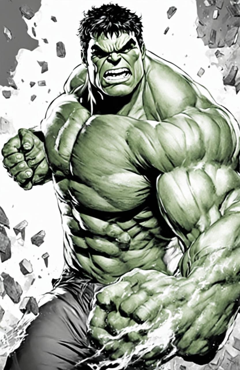 A high-quality, black and white coloring page featuring the Marvel character, the Hulk