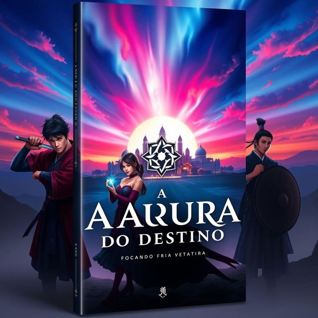 A dynamic book cover design for a story titled 'A Aurora do Destino' featuring a radical samurai theme