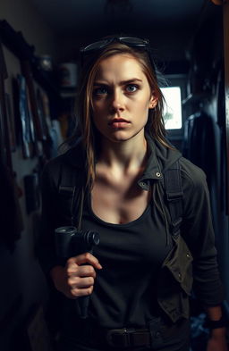 A young woman in an apartment, looking determined and resourceful as she strategizes her escape