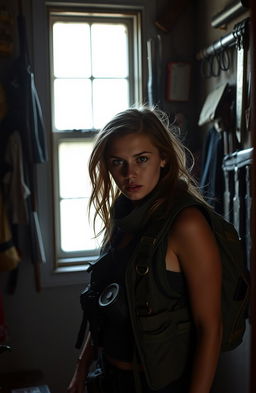 A young woman in an apartment, looking determined and resourceful as she strategizes her escape