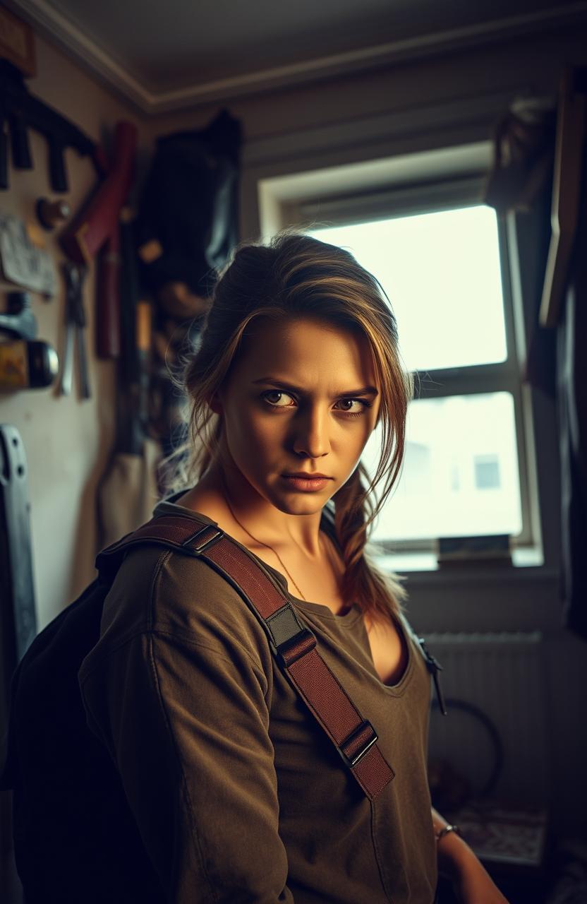 A young woman in an apartment, looking determined and resourceful as she strategizes her escape