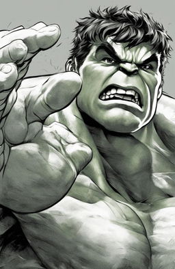 A high-quality, black and white coloring page featuring the Marvel character, the Hulk