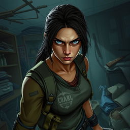 A young woman in a cluttered apartment, facing the challenge of survival