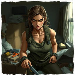 A young woman in a cluttered apartment, facing the challenge of survival
