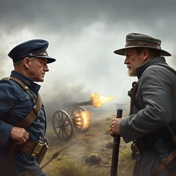 A dramatic and intense scene depicting two Civil War soldiers on the battlefield, facing off against each other with determination and resolve