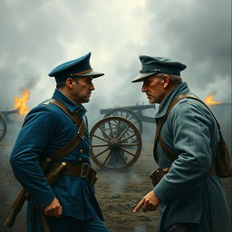 A dramatic and intense scene depicting two Civil War soldiers on the battlefield, facing off against each other with determination and resolve