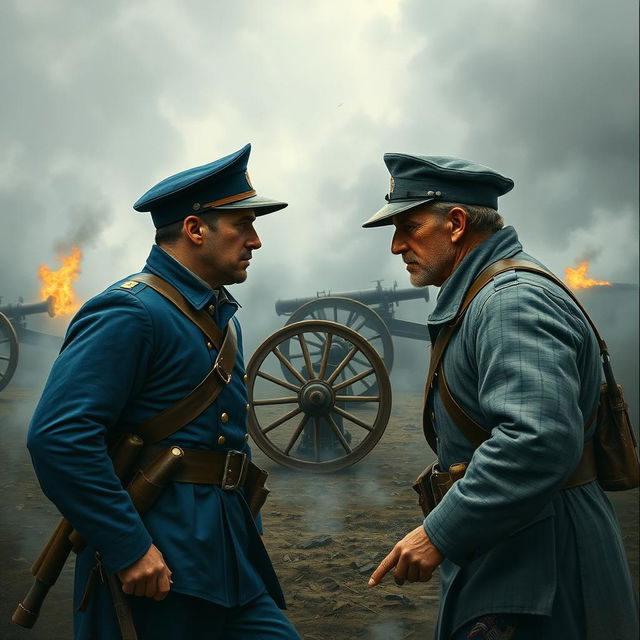 A dramatic and intense scene depicting two Civil War soldiers on the battlefield, facing off against each other with determination and resolve