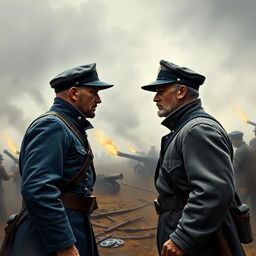 A dramatic and intense scene depicting two Civil War soldiers on the battlefield, facing off against each other with determination and resolve