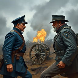 A dramatic and intense scene depicting two Civil War soldiers on the battlefield, facing off against each other with determination and resolve