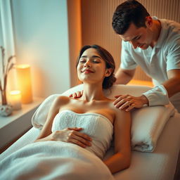 A serene and tranquil scene depicting a young woman in a relaxing spa environment, surrounded by calming colors and soft lighting