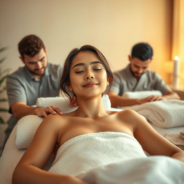 A serene and tranquil scene depicting a young woman in a relaxing spa environment, surrounded by calming colors and soft lighting