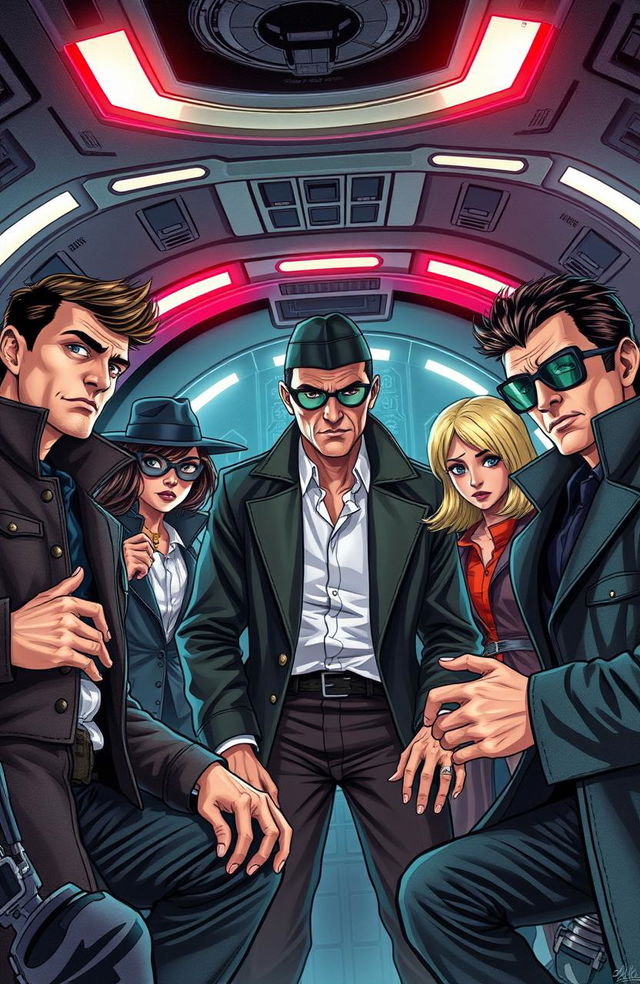 A thrilling cover illustration featuring several diverse detectives aboard a futuristic spaceship