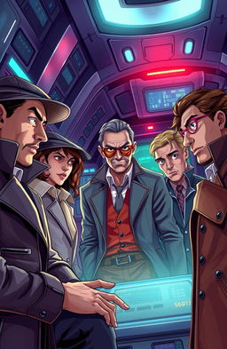 A thrilling cover illustration featuring several diverse detectives aboard a futuristic spaceship