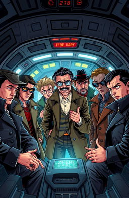 A thrilling cover illustration featuring several diverse detectives aboard a futuristic spaceship