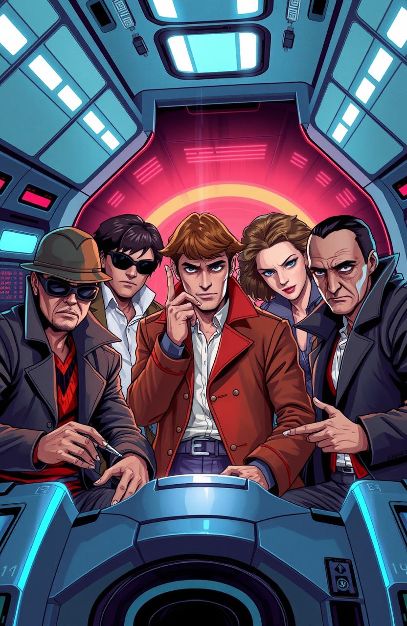 A thrilling cover illustration featuring several diverse detectives aboard a futuristic spaceship