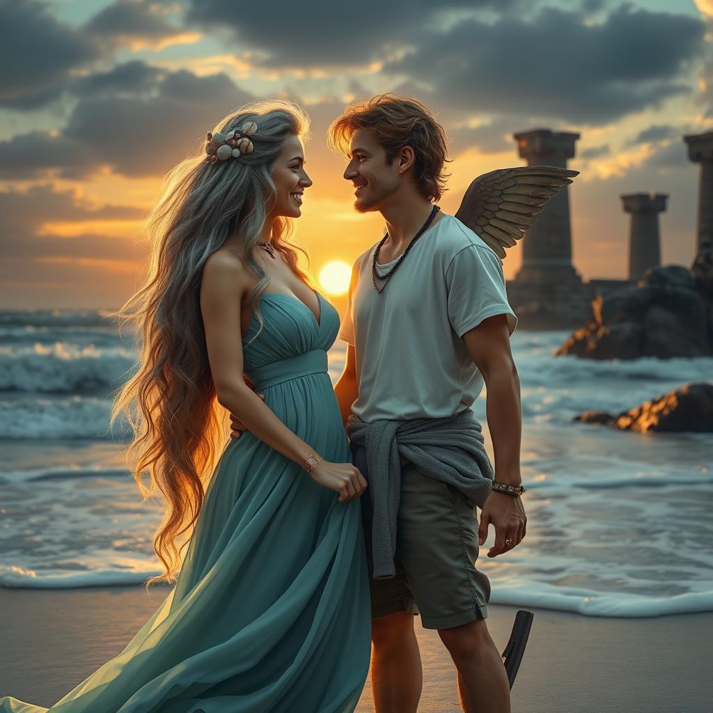 A romantic love story scene between a strong, enchanting daughter of Poseidon and a charming son of Hermes