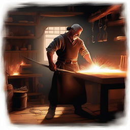 A detailed digital art image of a muscular blacksmith in a medieval shop, captured in the act of crafting an elegant sword