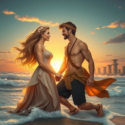 A romantic love story scene between a strong, enchanting daughter of Poseidon and a charming son of Hermes