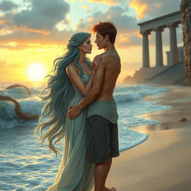 A romantic love story scene between a strong, enchanting daughter of Poseidon and a charming son of Hermes