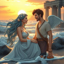 A romantic love story scene between a strong, enchanting daughter of Poseidon and a charming son of Hermes