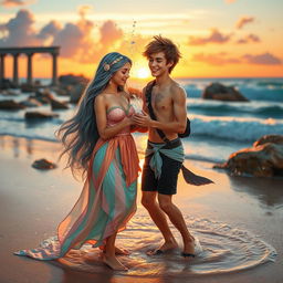 A charming love story scene between a teenage daughter of Poseidon and a teenage son of Hermes, set against a vibrant mythical beach at sunset