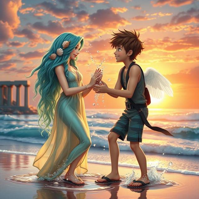 A charming love story scene between a teenage daughter of Poseidon and a teenage son of Hermes, set against a vibrant mythical beach at sunset