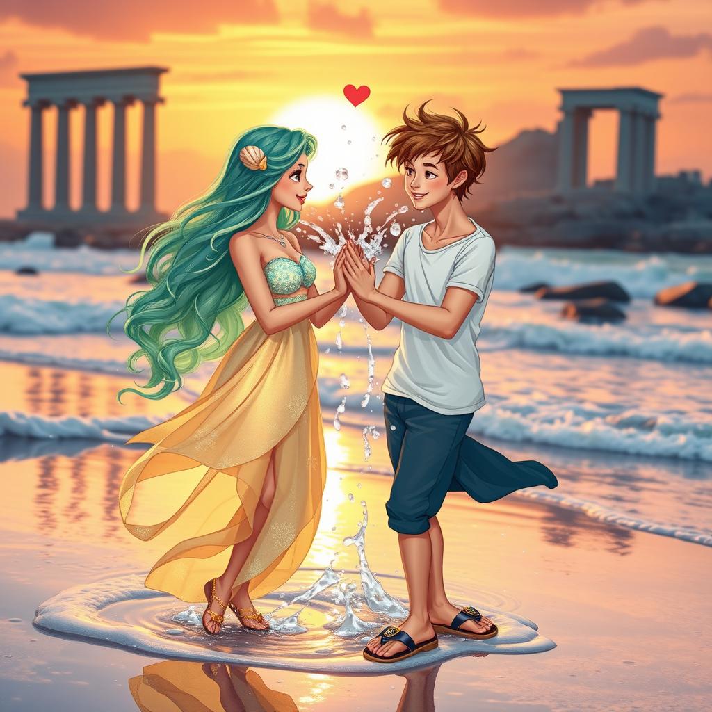 A charming love story scene between a teenage daughter of Poseidon and a teenage son of Hermes, set against a vibrant mythical beach at sunset