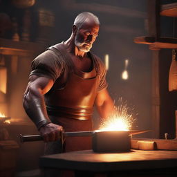 A detailed digital art image of a muscular blacksmith in a medieval shop, captured in the act of crafting an elegant sword